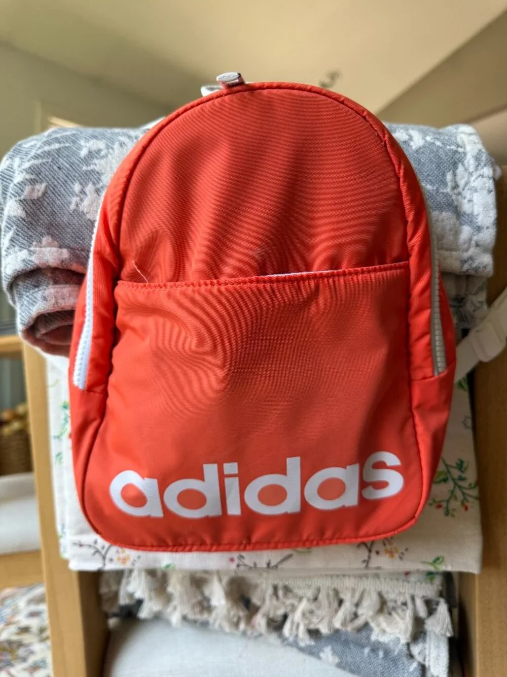 Adidas Bright Orange Quilted Mini Backpack with White Chunky Zippers